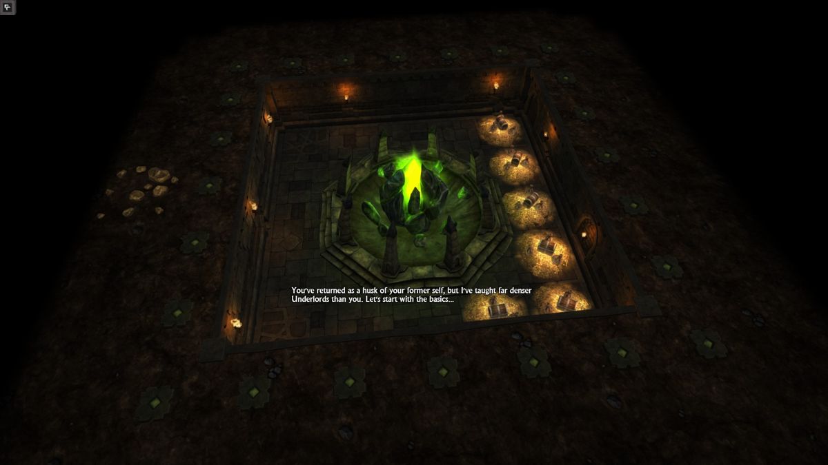 War for the Overworld (Windows) screenshot: You wake up as the weak heart of a very unimpressive dungeon.