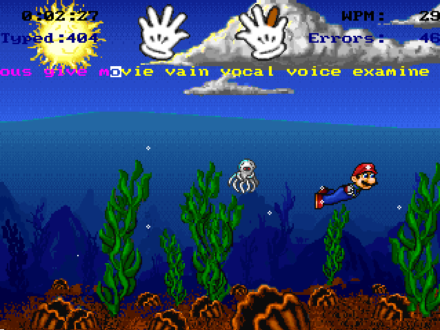 Mario Teaches Typing 2 (Windows) screenshot: Then the Cheep-Cheep disappears and is replaced by an Octopus. Complete the screen again and you warp another time and another Cheep-Cheep becomes your new enemy.
