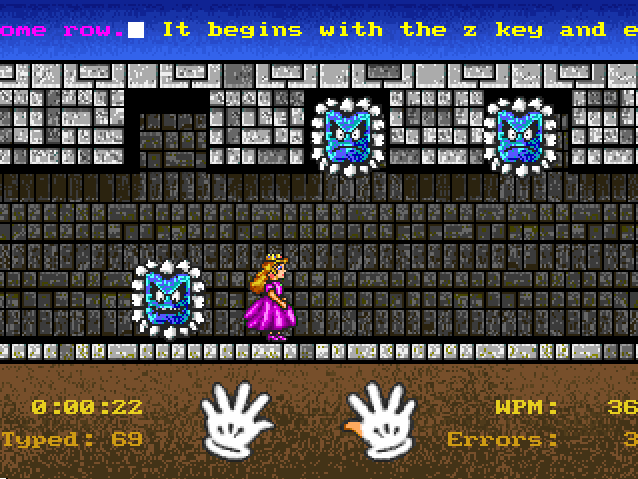 Mario Teaches Typing 2 (Windows) screenshot: The first part of the Advanced level will have your character go through a corridor with three Thwomps. Complete one sentence and the character passes a Thwomp unharmed.
