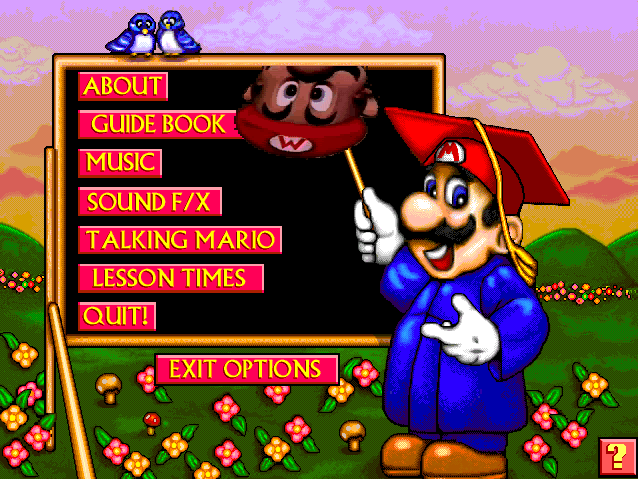 Mario Teaches Typing 2 (Windows) screenshot: The talking Mario head likes to do silly things, such as playing peekaboo when you decide to quit the game.