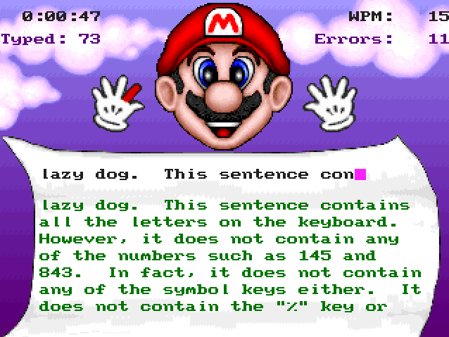 Mario Teaches Typing 2 (Windows) screenshot: The Timed Evaluation test your general ability to type, without distractions and within a limited time. It will adapt the challenge depending on your performance.