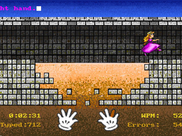 Mario Teaches Typing 2 (Windows) screenshot: After three sentences have been completed, the character will get out of the quicksands.