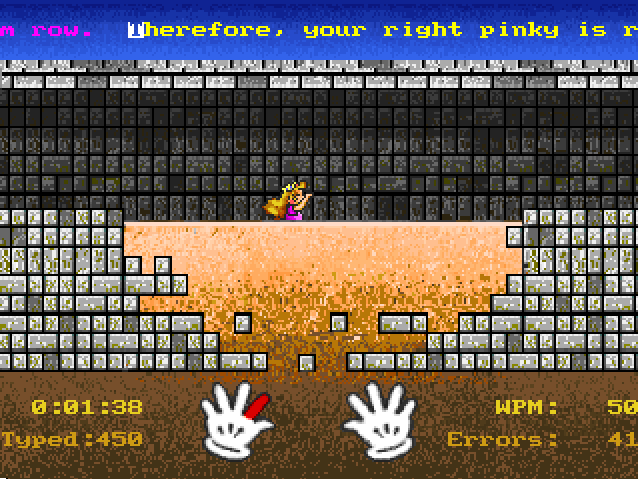 Mario Teaches Typing 2 (Windows) screenshot: As you complete sentences, the character will swim forward.