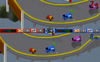 Race Mania (DOS) screenshot: Water bridge, two player horizontal split-screen