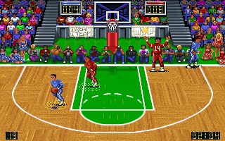 The Dream Team: 3 on 3 Challenge (DOS) screenshot: Two on two, ball intercepted, "take it back"