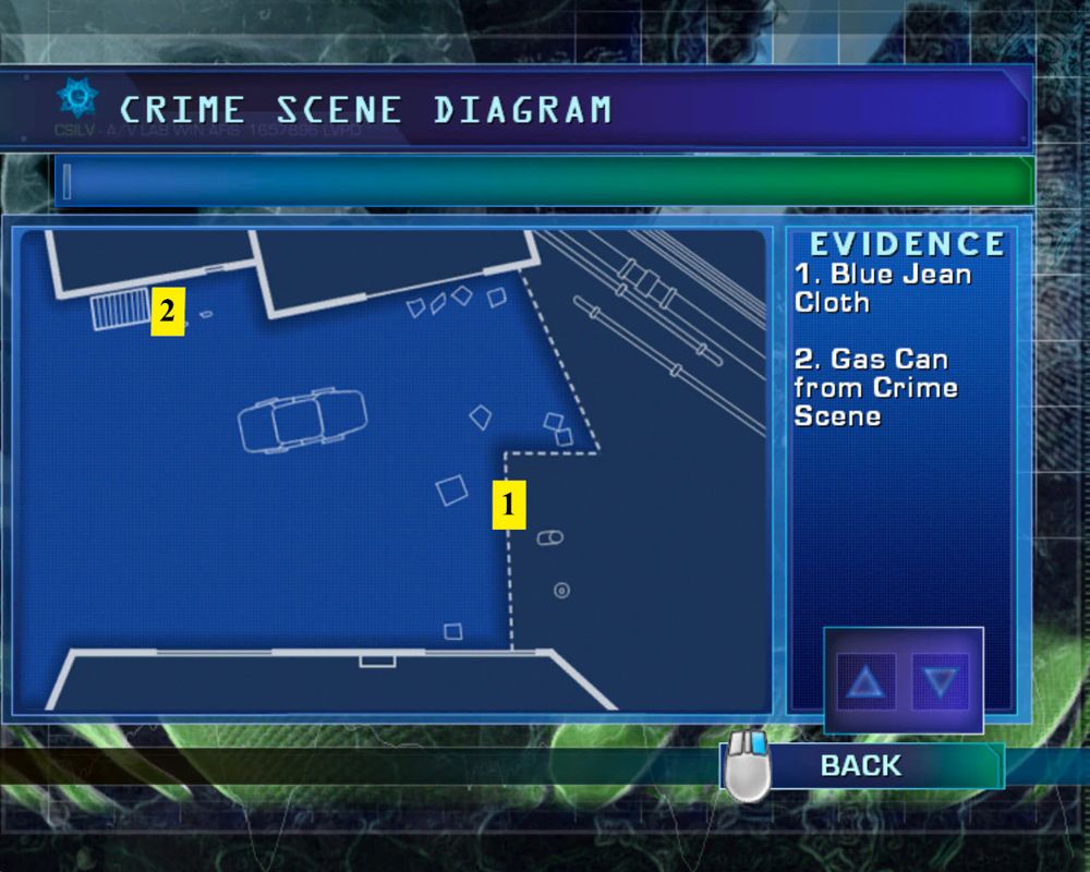 CSI: Crime Scene Investigation - Hard Evidence (Windows) screenshot: Crime Scene Diagram screen