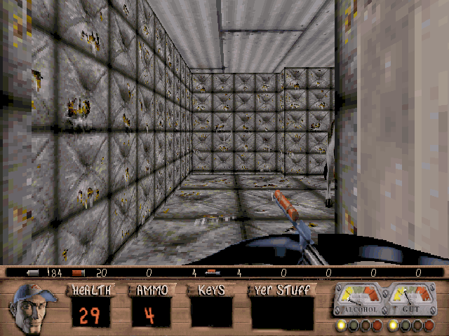 So You Wanna Be A Redneck (Windows) screenshot: Surely this padded room will be safer. Nothing but nice soft walls and ... a cow.