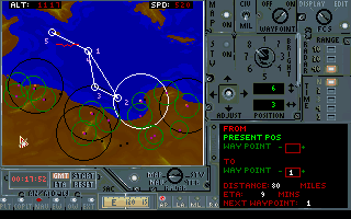 Megafortress Mega Pak (DOS) screenshot: Navigator's position lets you change the preset flight plan