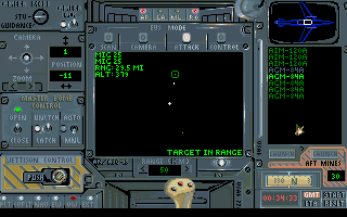 Megafortress Mega Pak (DOS) screenshot: Firing a Harpoon anti-ship missile at a stationary MiG-25