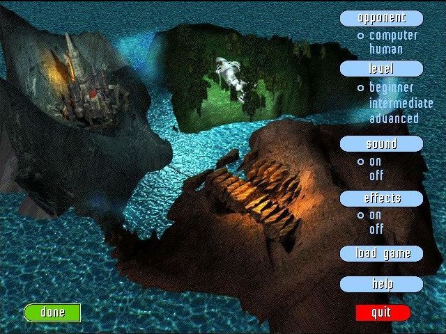 Battlegammon (Windows) screenshot: The game's main menu screen with the game. Here the player has expanded the game configuration options, normally these are not on view