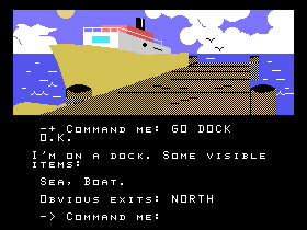 Return to Pirate's Isle (TI-99/4A) screenshot: On the dock; nice view of my ship!