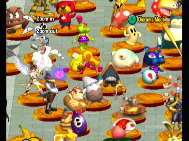 Super Smash Bros. Brawl (Wii) screenshot: Observing the "trophy horde".