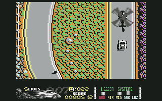 The Spy Who Loved Me (Commodore 64) screenshot: Enemy helicopter overhead!