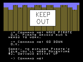Return to Pirate's Isle (TI-99/4A) screenshot: Exploring; better keep out of here...