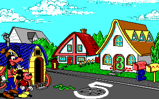 Mickey's Runaway Zoo (DOS) screenshot: Checking the neighborhood (EGA)