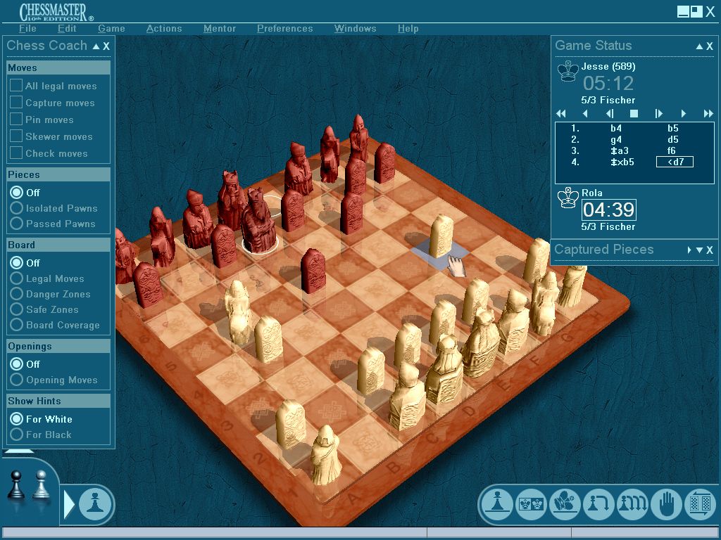 Chessmaster 10th Edition (Windows) screenshot: Training mode with extra information windows, 3D board & piece set (Lewis)