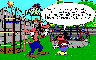 Mickey's Runaway Zoo (DOS) screenshot: Goofy and Mickey form a plan (EGA)
