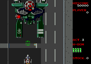 Master of Weapon (Genesis) screenshot: Facing the Act 3 Boss on the highway under the shadows of tall buildings