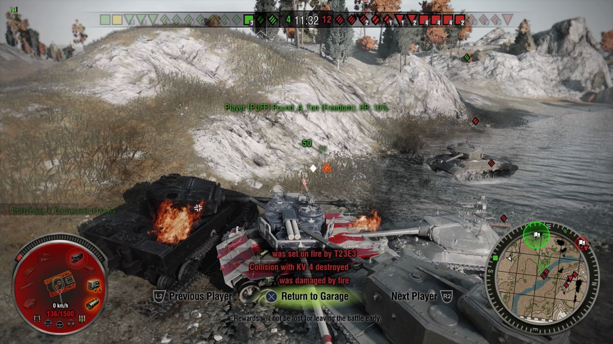 World of Tanks: Independence Mega Bundle (PlayStation 4) screenshot: Allied Freedom tank pinned down by three enemy tanks, no way to escape out of that in one piece