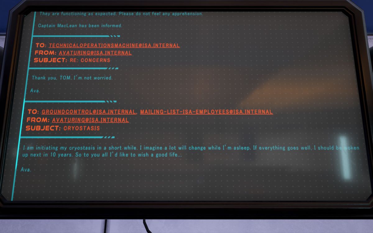 The Turing Test (Windows) screenshot: Reading some of Ava's past e-mails.