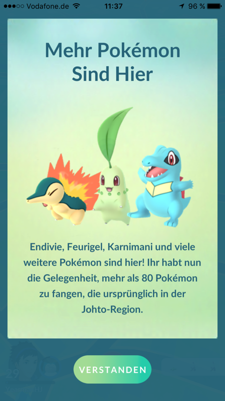 Pokémon GO (iPhone) screenshot: The latest update adds more than 80 new Pokémon from the Johto region. (German version)