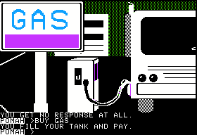 Crosscountry California (Apple II) screenshot: Filling the truck's tank with a gas