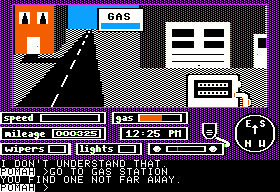 Crosscountry California (Apple II) screenshot: Near the gas station