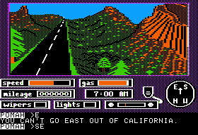 Crosscountry California (Apple II) screenshot: In the valley near Rocky Mountains