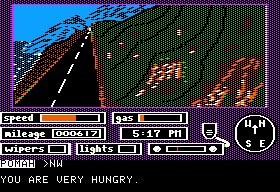 Crosscountry California (Apple II) screenshot: Road with mountains and the ocean