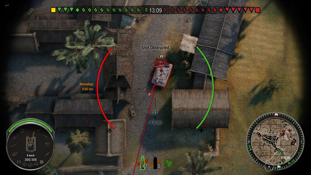 World of Tanks: Hammer Base (PlayStation 4) screenshot: Enemy Hammer tank safely protected from my artillery by the surrounding houses