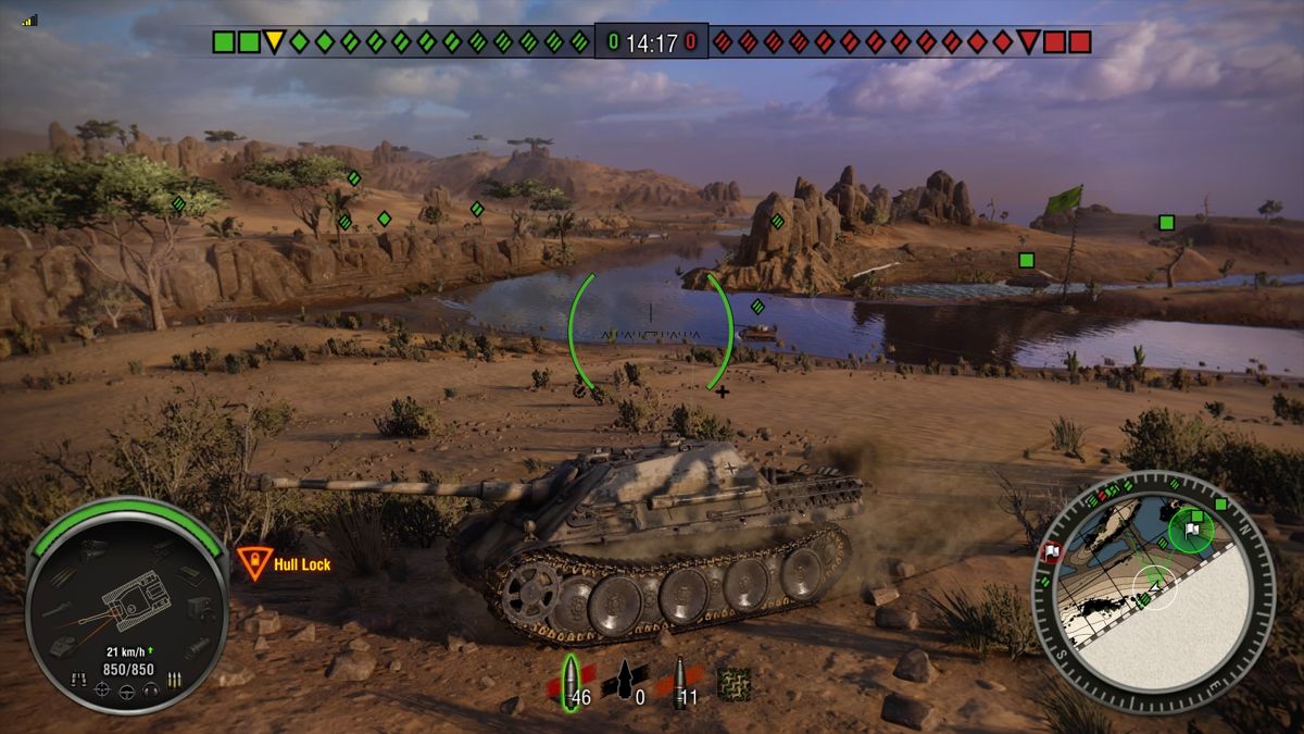 World of Tanks: Hammer Base (PlayStation 4) screenshot: Allied Tiger I Hammer tank crossing the river in the distance