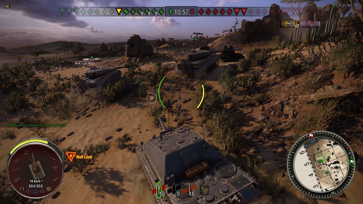 World of Tanks: Hammer Base (PlayStation 4) screenshot: Following two Tiger I tanks in my Jagdpanther, one of them is Tiger I Hammer and one is regular Tiger I tank