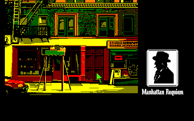Manhattan Requiem (PC-98) screenshot: Outside of your cozy office. Really impressive graphics, and mouse interaction in 1987!