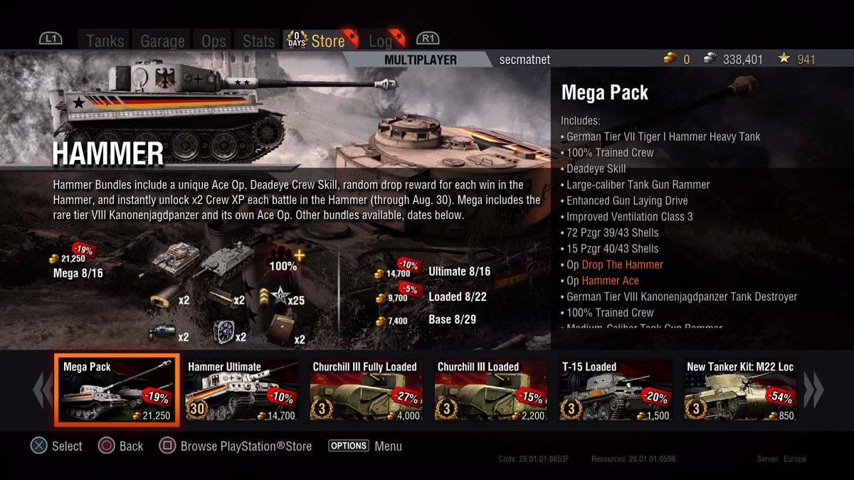World of Tanks: Hammer/Kanonen Mega Bundle (PlayStation 4) screenshot: Ability to purchase Mega Pack with gold through the game