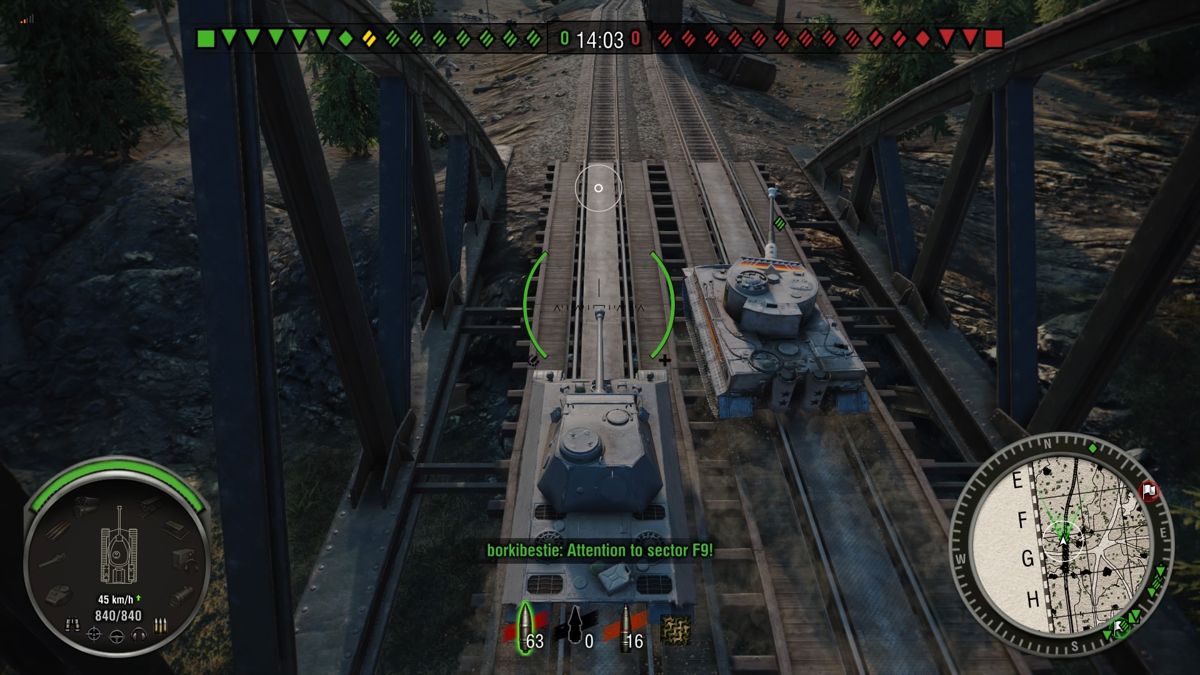 World of Tanks: Hammer Base (PlayStation 4) screenshot: Crossing the bridge with an allied Hammer tank in my VK 30.01 (M)
