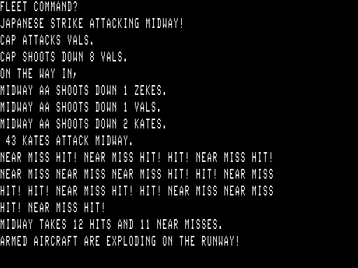 Midway Campaign (TRS-80) screenshot: JCarriers begin attacking Midway