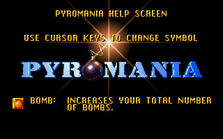 Pyromania (DOS) screenshot: The in-game help system describing the various power-ups.