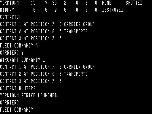 Midway Campaign (TRS-80) screenshot: Getting late in the day last chance - Yorktown 3rd strike launched