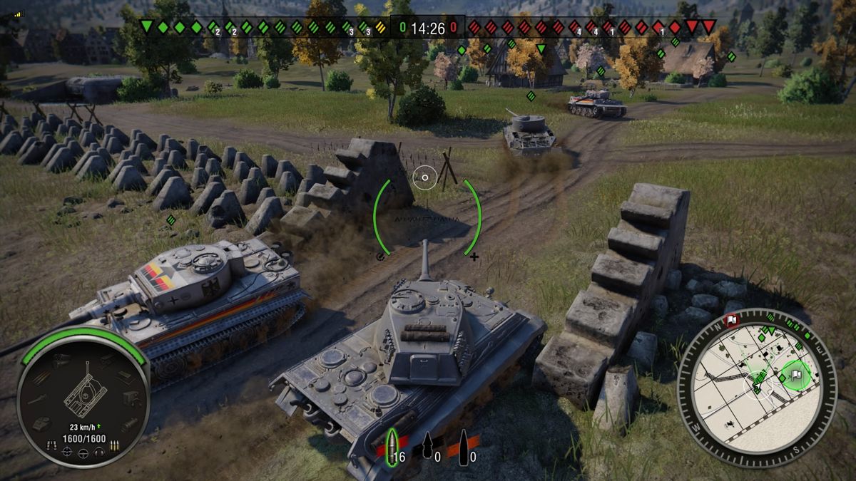 World of Tanks: Hammer Base (PlayStation 4) screenshot: Two allied Tiger I Hammer tanks heading in the opposite direction my from Tiger II heavy tank