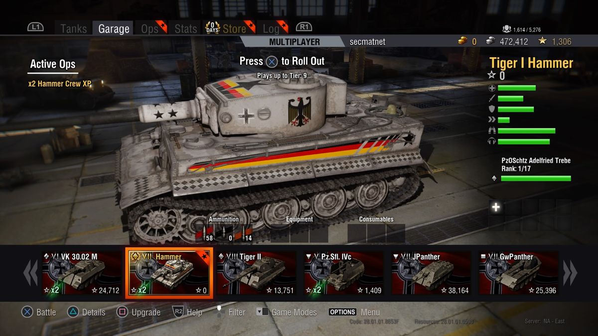 World of Tanks: Hammer Base (PlayStation 4) screenshot: Profile view of a Tiger I Hammer tank in a garage