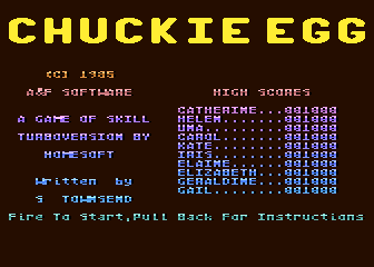 Chuckie Egg (Atari 8-bit) screenshot: Title screen, high scores and credits