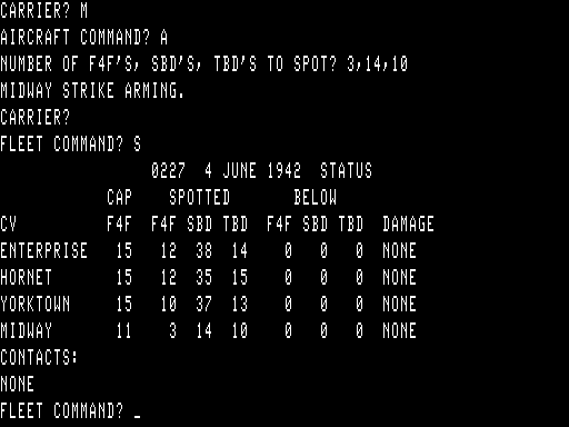 Midway Campaign (TRS-80) screenshot: 0227 June 4th Full CAP fighters and arming strike group