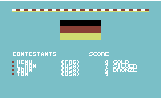 World Games (Commodore 64) screenshot: Barrel Jumping results