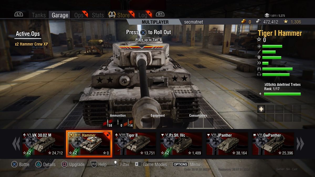 World of Tanks: Hammer Base (PlayStation 4) screenshot: Front view of a Hammer I Tiger tank in a garage