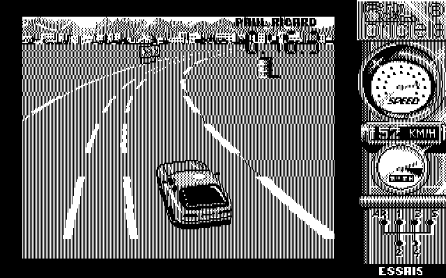 Turbo Cup (DOS) screenshot: Racing using the alternate monochrome mode