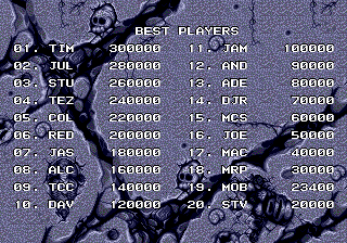 Joe & Mac: Caveman Ninja (Genesis) screenshot: High score list