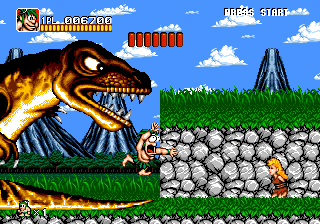 Joe & Mac: Caveman Ninja (Genesis) screenshot: Caught by surprise that the dinosaur woke up