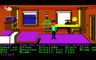 Zak McKracken and the Alien Mindbenders (Commodore 64) screenshot: In Zak McKracken's Room (German)