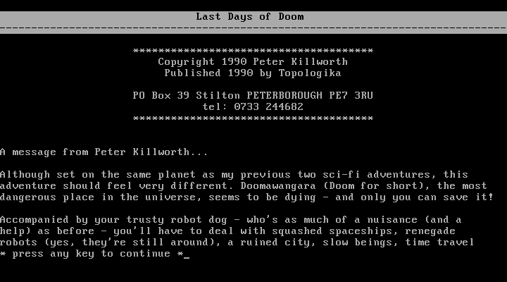 Last Days of Doom + Hezarin (DOS) screenshot: Last Days of Doom: title (and author's message)
