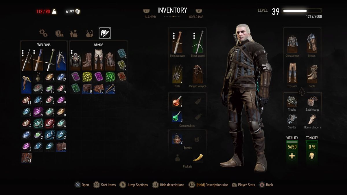 The Witcher 3: Wild Hunt - Temerian Armor Set (PlayStation 4) screenshot: Inventory screen showing Geralt wearing full Temerian armor set